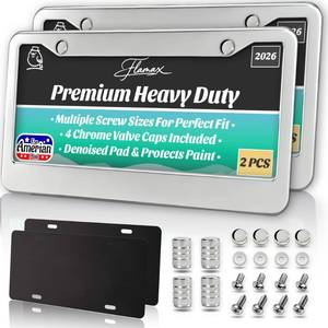 lot 5735 image: Premium Chrome License Plate Frames with 2 Anti-Scratch Pads & 4 Tire Valve Caps, Heavy Duty Rust-Free Chrome License Plate Frame 2 Pack for Women & Men, 2 Holes Universal Fit for Cars & Trucks