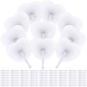 lot 5747 image: Aodaer 100 Pack Heart Shaped Folding Fans White Paper Fans Handheld Fans with Plastic Handles for Party, Wedding, Anniversary Decoration
