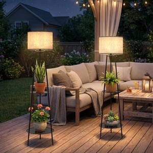 lot 5755 image: MXwcy 2Pack Solar Outdoor Floor Lamps with Plant Shelves, Waterproof Solar Standing Lamps for Patio Porch Garden Yard, Auto OnOff Warm LED Outdoor Floor Lights, Cordless 2-Tier Plant Stand Decor