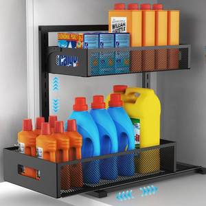 lot 5757 image: Petiza Under Sink Organizer Pull Out Cabinet Organizer Adjustable Height 2 Tier with Sliding Drawers Kitchen Bathroom Organizer and Storage(1pc)