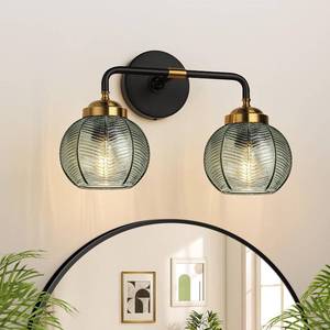 lot 5775 image: MOKATNG Bathroom Light Fixtures, 2-Light Green Vanity Lights with Unique Leaf Texture Glass Shade, Modern Matte Black and Gold Bathroom Wall Lamp for Mirror Hallway Cabinet Living Room