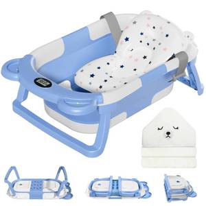 lot 5782 image: MoreFeel Collapsible Baby Bathtub for Newborn with Thermometer & 1 Hooded Towel & 1 Soft Floating Cushion,Portable Travel Bathtub with Drain Hole, Durable Foldable Baby Tubs for Infants to Toddler