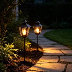 lot 5792 image: TRIROCKS 2 Pack Outdoor Landscape Lanterns 32 H Decorative Candle Holders Metal Pathway Candle Lantern with 24H Removable Plug-in Rod & Tempered Glass for Lawn Yard Patio Driveway Cemetery(Black)