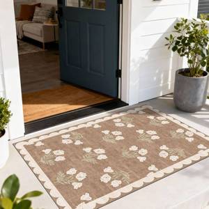 lot 6047 image: Othilic Floral Outdoor Rug - 28 x 43 Spring Front Door Mat Indoor Outside Entrance Non-Slip Washable Outdoor Mat Tan Boho Neutral Farmhouse Throw Rugs for Entryway Kitchen Bedroom Front Porch Decor