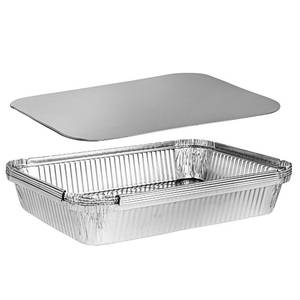 lot 6061 image: PLASTICPRO Disposable 4 LB Aluminum Takeout Tin Foil Oblong Baking Pans 12 X 8 X 2 Inch With Cardboard Lids - Brownies, Bread, or Lunchbox, Pack of 5 aluminum slightly warped