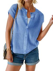 lot 6073 image: Saodimallsu Womens Short Cap Sleeve Sweater Vest Crochet Button Down Cardigans Crew Neck Summer Knit Tops Blue size M