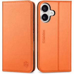 lot 6121 image: SHIELDON Genuine Leather Flip Wallet Case for iPhone 17 6.3 2025, Orange