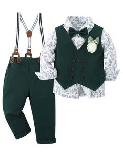 lot 6146 image: YALLET Toddler Baby Boy Clothes Suit Gentleman Wedding Outfits, Formal Dress ShirtBowtieVestBoutonniereSuspender Pants(V Green, size 5-6 Years)