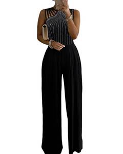 lot 6153 image: CHICME Womens One Piece Jumpsuit Rhinestone Cutout Ruched Wide Leg Jumpsuit Overall Long Pants-bk- size XXL