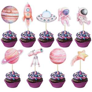 lot 6225 image: Gyufise 36Pcs Space Astronaut Cupcake Toppers Planet Rocket Telescope Trip to the Moon Cupcake Picks for Outer Space Baby Shower Gender Reveal Birthday Party Cake Decorations Pink
