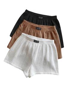 lot 6242 image: SOLY HUX Womens Summer Shorts 3 Packs Elastic Waist Wide Leg Casual Cotton Shorts Sets Khaki Black White Small