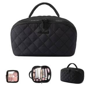 lot 6243 image: LOVEVOOK Travel Makeup Bag for Women, 2Pcs Puffer Waterproof Cosmetic Organizer, Large Capacity Pouch Open Flat Small Toiletry Bag with Brush Compartment & Handle (Black, Large)