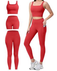 lot 6249 image: SALSPOR 3 Piece Workout Sets for Women High Waisted Leggings with Pockets Tummy Control Biker Shorts Yoga Sports Bra(3YFTZ-Red-L)