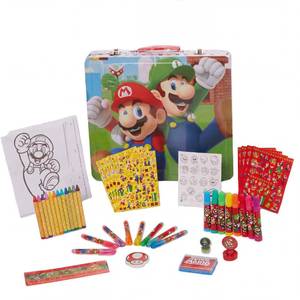 lot 6291 image: Innovative Designs Mario Brothers Super Mario Deluxe Activity Set with Carrying Tin, Coloring Sheets, Tattoos, Stickers, & Art Supplies