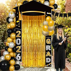 lot 11915 image: Sosation Black and Gold Graduation Decoration Grad 2026 Backdrop Grad Cap Arch with Gold Tinsel Fringe Curtain Kit with Stakes for Photo Prop Graduation Party Decoration Ceremony Banner Outdoor Indoor (Used)