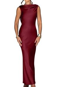 lot 12035 image: Memoriesea Womens Satin Elegant Sleeveless High Neck Tie Cocktail Party Maxi Dress Burgundy (Size L)