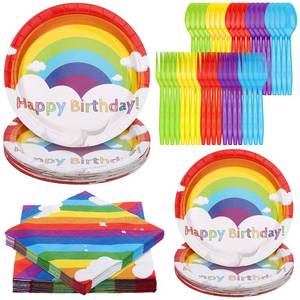 lot 12039 image: 100 Pcs Rainbow Party Supplies Include 7 Inch Rainbow Plates 9 Inch Party Plates Napkins Forks and Spoons for 20 Guests Birthday Party Decorations