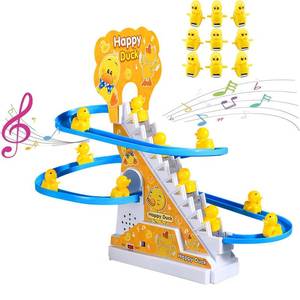 lot 12079 image: Small Ducks Climbing Toys, Electric Llittle Duck Climbing Stairs Toy, Funny Duck Roller Coaster Track with 9 Ducks LED Lights & Music Button, Small Duck Slide Toy for Children Kids and Baby (Used Slightly)