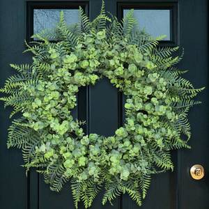 lot 13799 image: 26 Eucalyptus and Boston Ferns Wreath for Front Door - Large Artificial Greenery Outdoor Wreath for Porch,Window,Farmhouse,Home,Hanging Decor- Spring, Summer, All Seasons (Gray-Green)