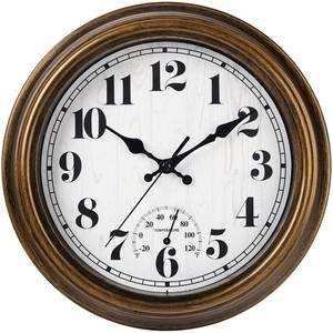 lot 13808 image: 45MinST 12 Inch IndoorOutdoor Retro Round Waterproof Wall Clock with Thermometer, Silent Non-Ticking Battery Operated Quality Quartz Wall Clock HomePatio Decor(Bronze)