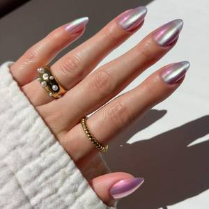 lot 14334 image: Glamnetic Press On Nails - Short Almond Fake Nails  Pearlescent Purple Velvet Press On Nails, Salon Quality Kit with Glue  Iconic Oyster - 30 Nail Set in 15 Sizes