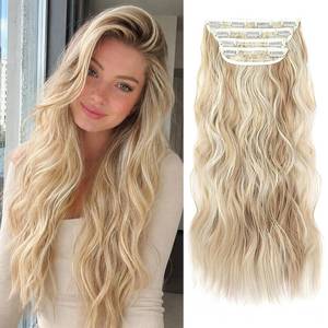 lot 14381 image: 20 Inches Hair Extensions Clip ins, Curly Soft Synthetic Clip in Hair Extensions for Women and Girls (Color Blonde with Beige Blonde Highlights)