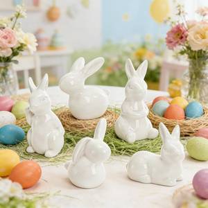 lot 19715 image: ZAVOOS 5 Pack Easter Bunny Figurine, White Ceramic Rabbits for Spring Easter Decoration, Modern Art Cute Rabbit Statues for Home Decor, Office Table, Holiday Party