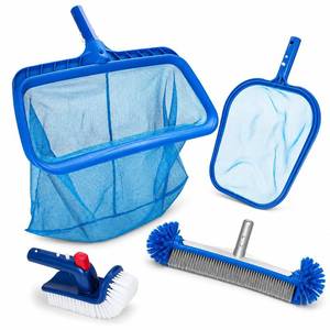 lot 19722 image: Ahomdoo Pool Cleaning Kit Professional Heavy Duty Leaf Skimmer Net, Deep Bag Rake & Wall Scrubber Brush, 4-Piece Pool Cleaning Equipment Set for Above Ground & Inground Pools (Pole Not Included)