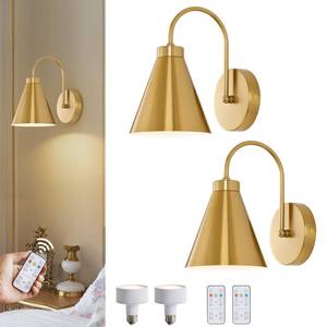 lot 19726 image: Powfloven Vintage Rechargeable Wall Sconces Set of 2, Gold Battery Operated Bedside Wall Lamps with Remote Control, Wireless Gooseneck Indoor LED Lights Fixture for Bedroom Hallway