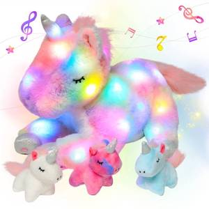 lot 19729 image: Hopearl LED Musical Stuffed Unicorn Playset Lighting Up Singing Plush Toy Mommy Unicorn with 3 Baby Unicorns in her Tummy Lullaby Animated Soothe for Mom Toddlers Girls, Rainbow, 19