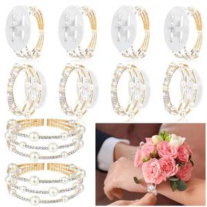 lot 20407 image: Hotop 8 Pcs Corsage Wrist Bracelet Bands Bride Pearl Rhinestone Bracelet Elastic Wrist Corsage DIY Wedding Wristband Faux Pearl Adjustable Wristband Accessory for Bridal Party Prom (Gold)