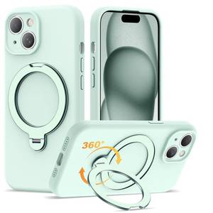 lot 20468 image: LEKMOTIN Compatible with iPhone 15 Case 6.1 with 360 Spin Magnetic Ring StandCompatible with Mag-Safe Soft Liquid Silicone 15 Case for Men Women,Light Green