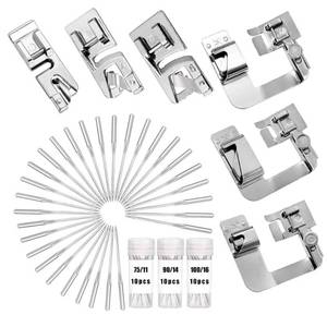 lot 20478 image: LUNARM 6 Pcs Hemming Foot Kit - 3 Pcs Narrow Rolled Hem Sewing Machine Presser Foot, 3 Pcs Wide Hem Presser Foot and 30 Pcs Sewing Machine Needles, for Household Multi-Function Sewing Machines (Open Box, May Be Missing Pieces)