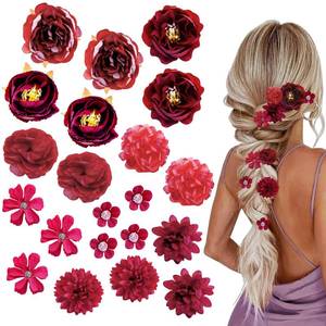lot 20481 image: 21 PCS Hair Flowers Boho Hair Barrettes Accessories Hawaiian Silk Flower Clips Girls Red Floral Bride Headpiece Festival(Red) (Open Box, May Be Missing Pieces)