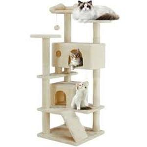 lot 13784 image: Cat Tree, 54-Inch Multi-Level Cat Tower with Scratching Post, Plush Cat Condo, Light Cream