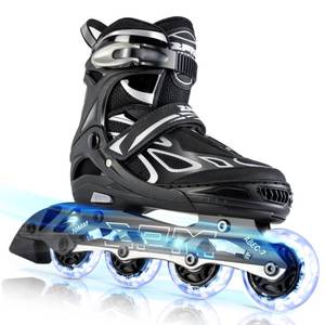 lot 1295 image: 2PM SPORTS Vinal Inline Skates for Men with Light Up Wheels Adjustable Roller Women, Illuminating Outdoor Roller Skates for Kids and Adults - Silver XL