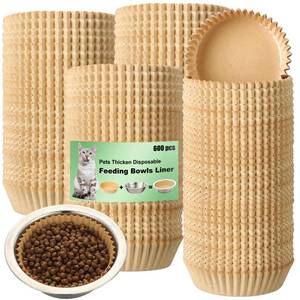 lot 1314 image: meekoo 600 Pcs Large Pet Disposable Feeding Bowls Liner Bulk Cat Food Bowls Small Paper Dish Paper Liner for Small Dogs Cats Dish Wet Food Feeding Station(Kraft Brown,Classic)