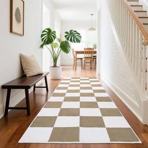 lot 2062 image: EcoNest Washable Checkered Rug, 2x6 ft Beige and White Rug, Low Pile Area Rugs for Living Room with Non-Slip Backing for Bedroom Playroom Classroom Office Dorm and Kids Room