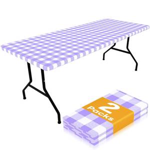 lot 2076 image: Smiry Picnic Table Cloth 2 Pack, Waterproof Elastic Fitted Tablecloths for 6FT Rectangle Tables, Washable Polyester Buffalo Plaid Tablecloth for Camping, Dining & Outdoor (Purple & White, 30 x 72)