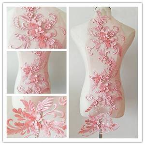 lot 2132 image: 3D Beaded Flower Sequence lace Applique Motif Sewing Bridal Wedding 3in1 20cmx72cm (Dark Pink)