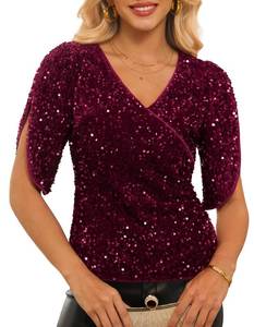 lot 2135 image: GRACE KARIN Womens 34 Length Sleeve Fall Winter Sequin Tops V Neck Blouses Trendy Going Out Outfit Wine Red 2XL