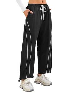 lot 2164 image: aswulk Womens Baggy Wide Leg Track Pants Drawstring High Rise Striped Elastic Waist Workout Pants with Pockets Black L