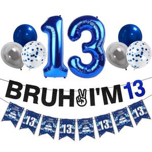 lot 2167 image: Zirtorei 13th Birthday Decorations for Boys Girls, 10pcs Blue Silver Bruh Im 13 Banner Happy 13th Birthday Balloons, 13 Year Old Bday Party Supplies Sign