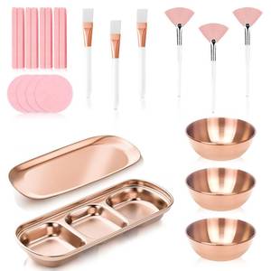 lot 2172 image: 23 Pcs Rose Gold Esthetician Supplies 3 Stainless Steel Facial Mask Mixing Bowls 3 Facial Fan Brushes 3 Flat Brushs Skincare Tray 3-Compartment Serving Tray 12 Compressed Facial Sponges for Skin Care