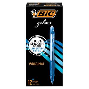 lot 2191 image: BIC Gelocity Original Blue Gel Pens, Medium Point (0.7mm), 12-Count Pack, Retractable Gel Pens With Comfortable Grip