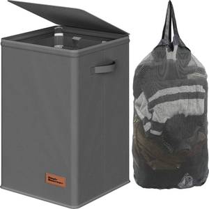 lot 3748 image: Simple Houseware Foldable Laundry Hamper Basket with Lid and Removable Bag, Dark Gray