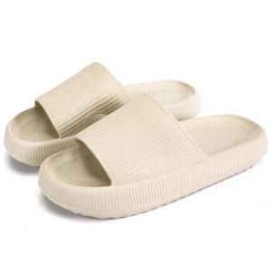 lot 3749 image: rosyclo Pillow Slipers for and Men, EVA Flat Clouds Massage Shower Bedroom Non Slip Quick Drying Open Toe Super Soft Comfy Thick Sole Puffy Bath sliders Sandalias, Tan Beige