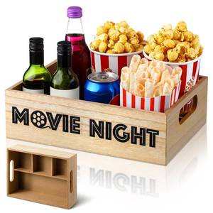 lot 4071 image: GlikCeil Movie Night Supplies Snack Trays with Handles Reusable Wooden Movie Gift Basket for Theater Popcorn Bucket Bowl Box Container Family Room Decor(Wood Color,Classic)