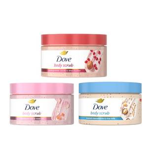 lot 4109 image: Dove Mixed Body Scub Trial Pack 3 Pack for Women for Visibly Silky-Smooth, Nourished Skin 3.5 oz