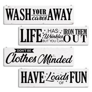 lot 4111 image: 4 Pcs Laundry Room Decors, Four Pieces Hanging Wall Plaques, Funny Laundry Room Wall Art, Farmhouse Laudry Quotes Sign, Wall Decor Art, Wash Away - Life Out - Clothes Minded - Have Loads of Fun Sign I